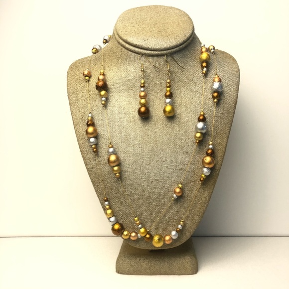 Gold Toned Bead Necklace and Earring Set - Picture 1 of 11